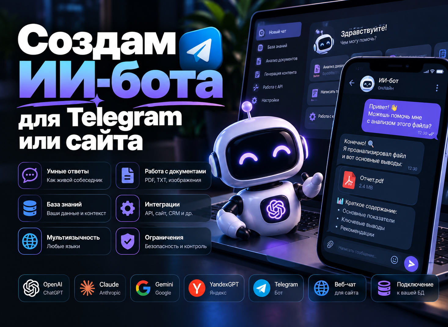 Создам ИИ-бота для Telegram или сайта